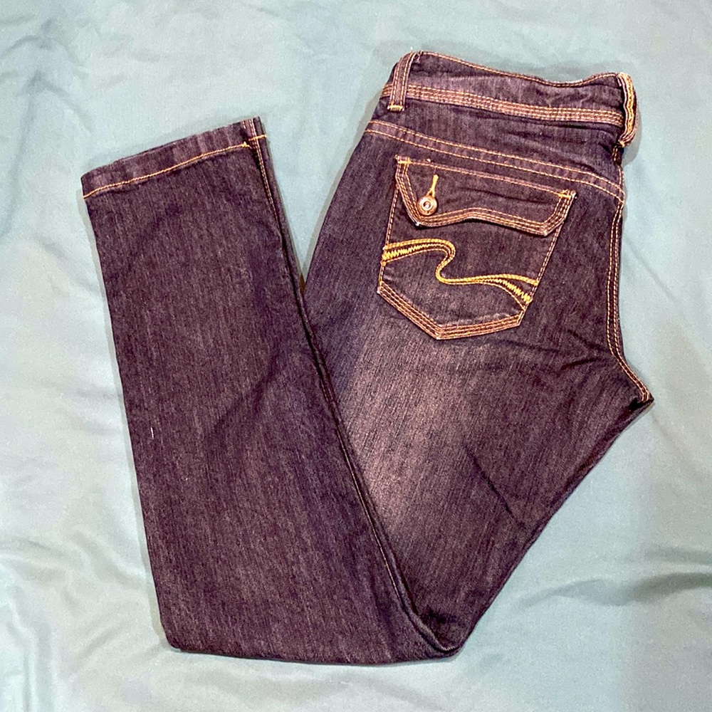 Blue Asphalt jeans. Size 9, Juniors. Excellent Condition. Dark wash, gold thread